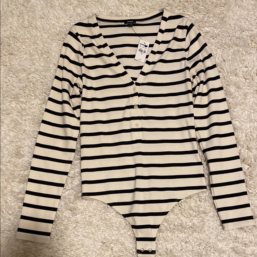 Express Black and White striped Henley bodysuit - Picture 2 of 5